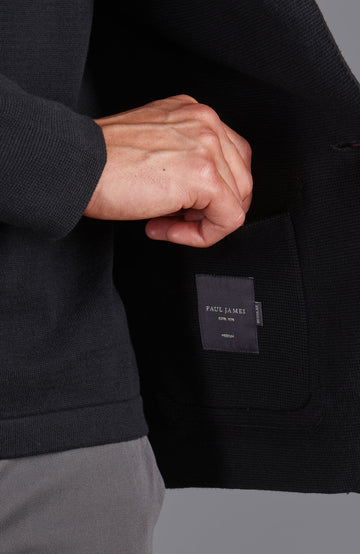black mens knitted unstructured blazer