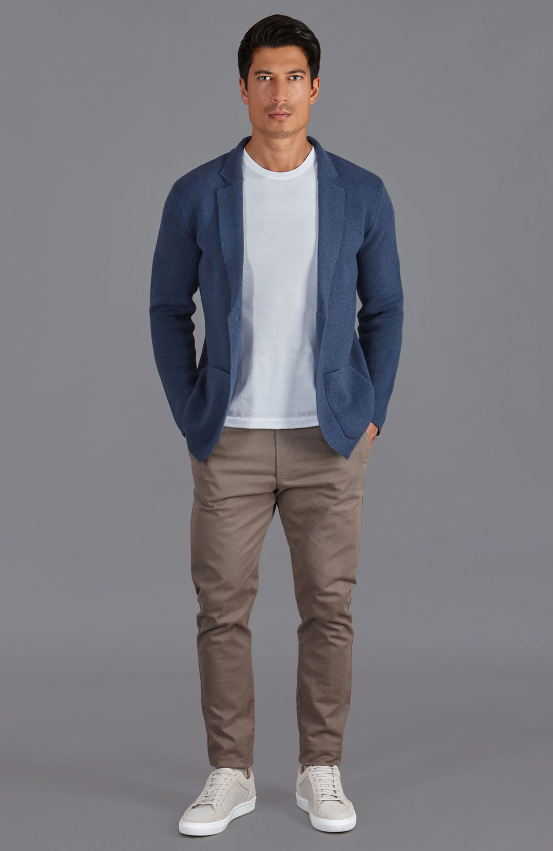 blue mens knitted unstructured blazer