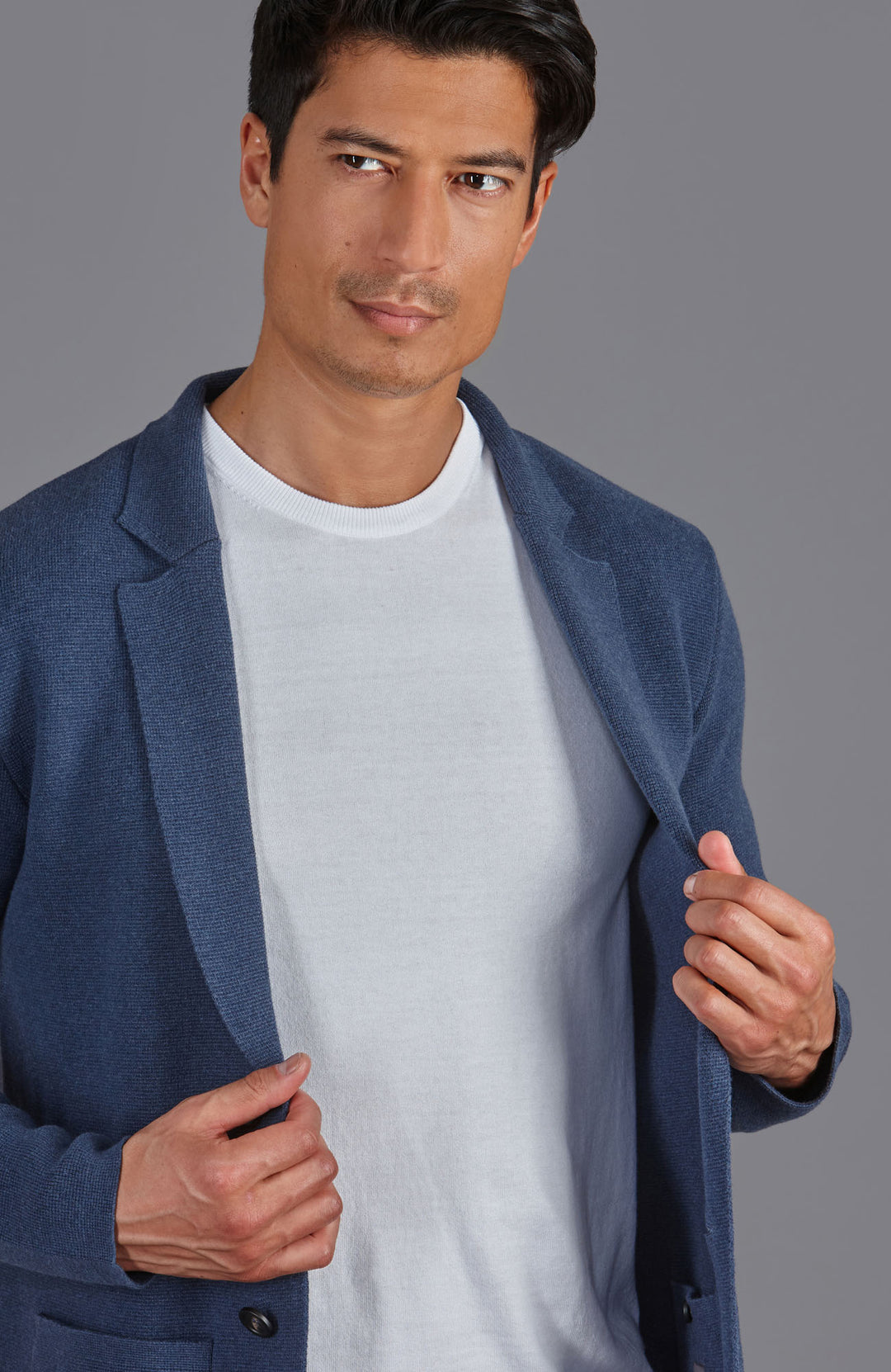 blue mens knitted unstructured blazer