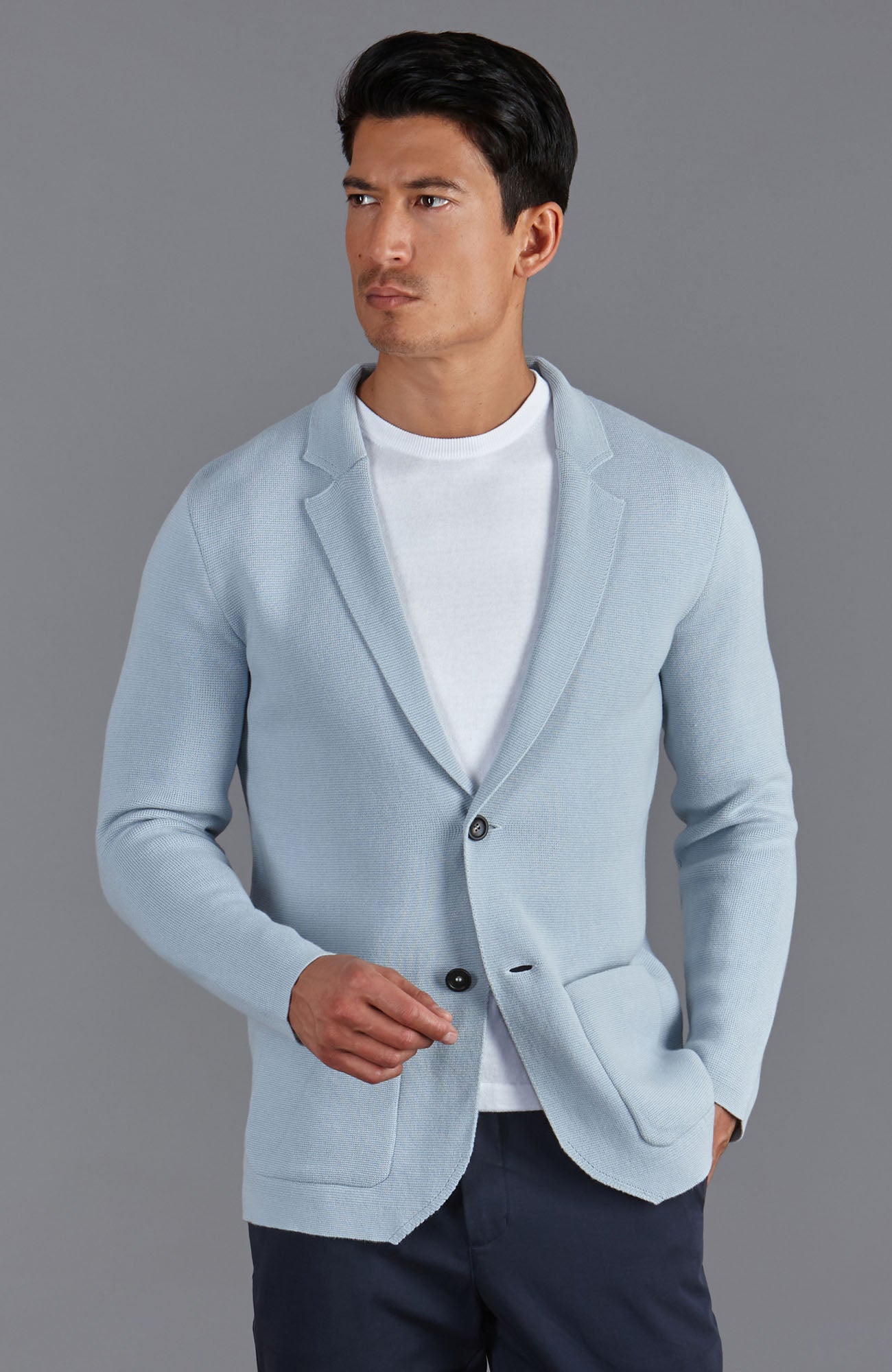 sky blue mens knitted unstructured blazer