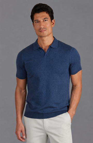 Men's Blue Open Collar polo Shirt by Paul James Knitwear