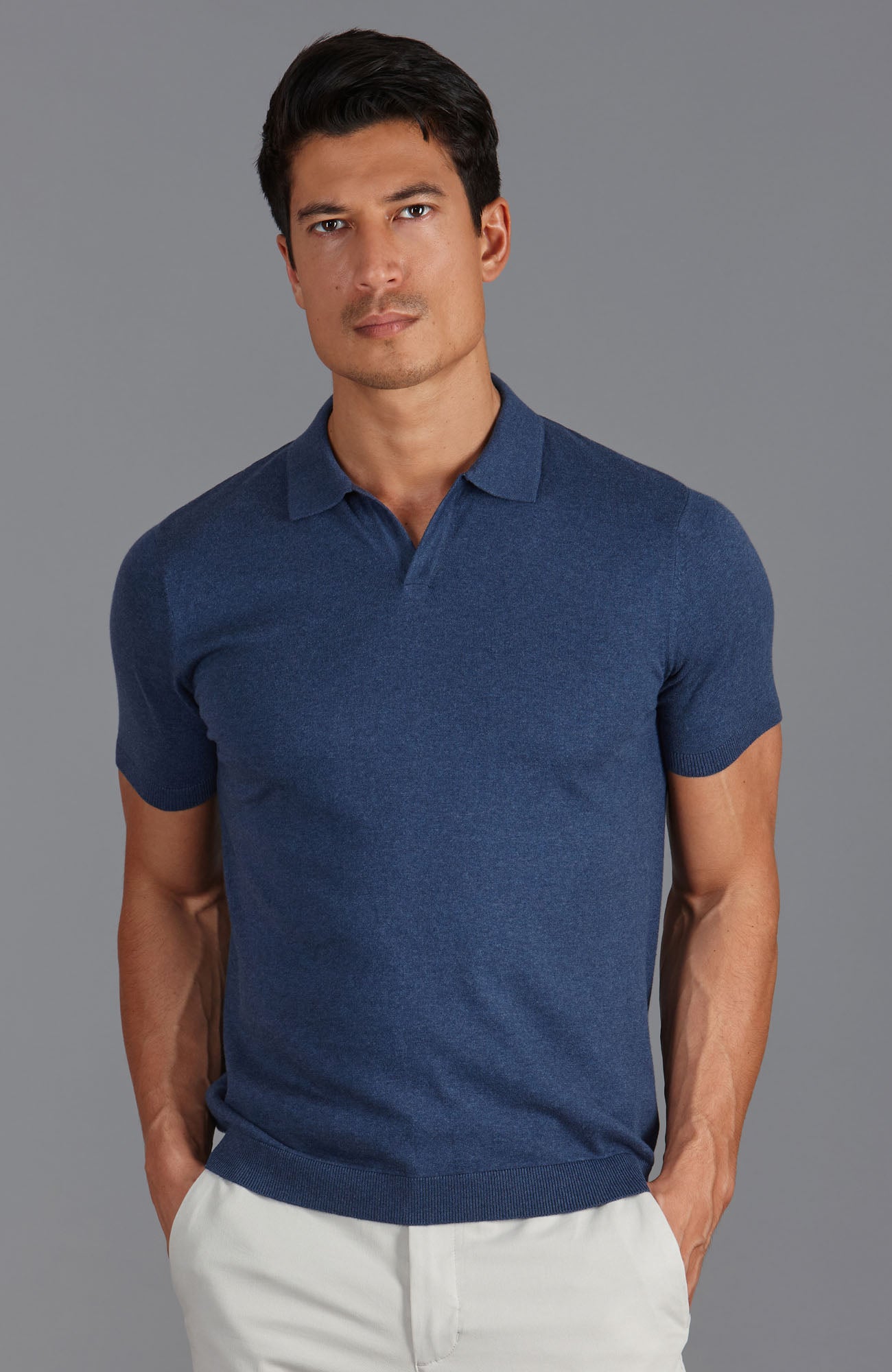 blue mens buttonless polo shirt