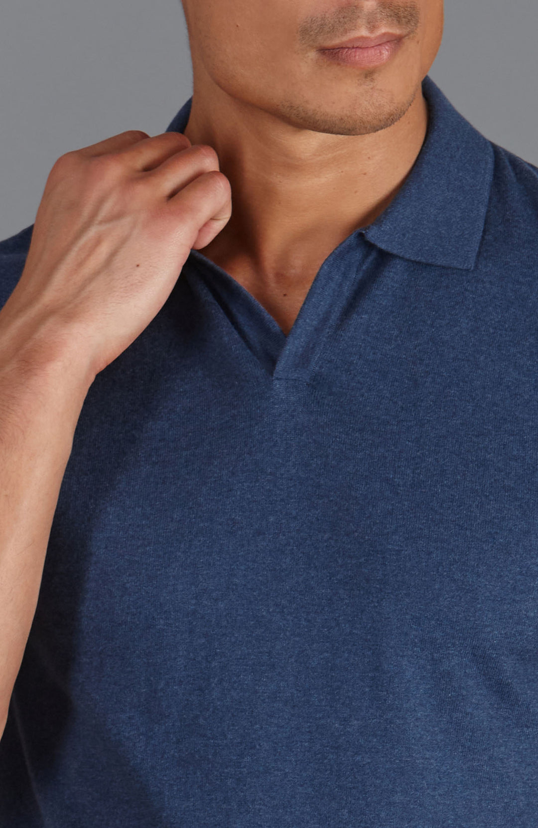 blue mens buttonless polo shirt