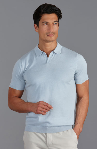 sky blue mens buttonless polo shirt