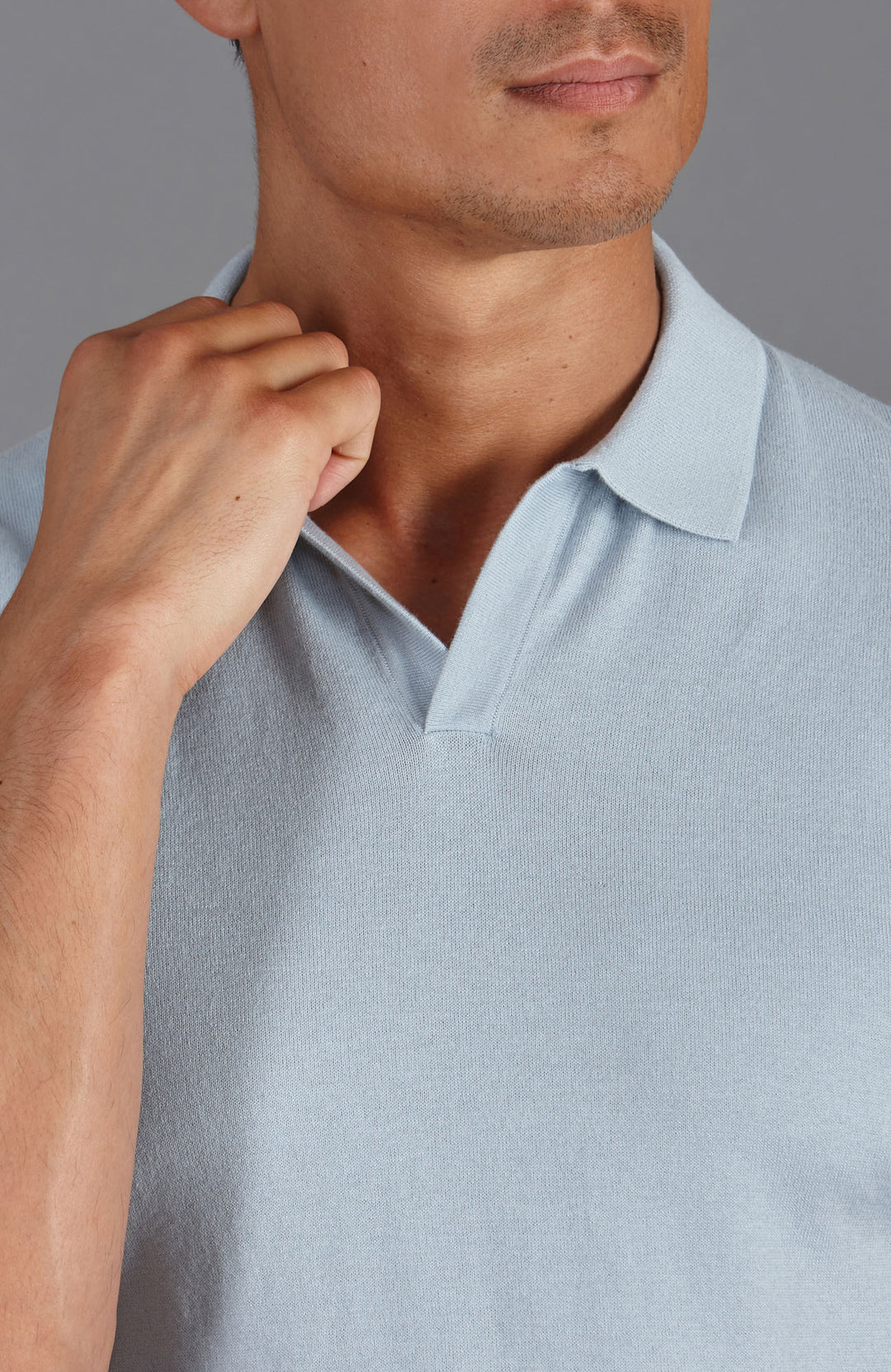 sky blue mens buttonless polo shirt
