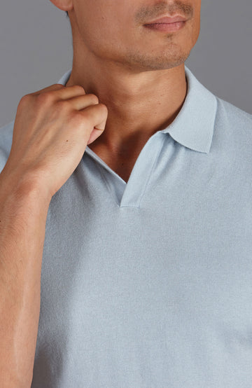 sky blue mens buttonless polo shirt