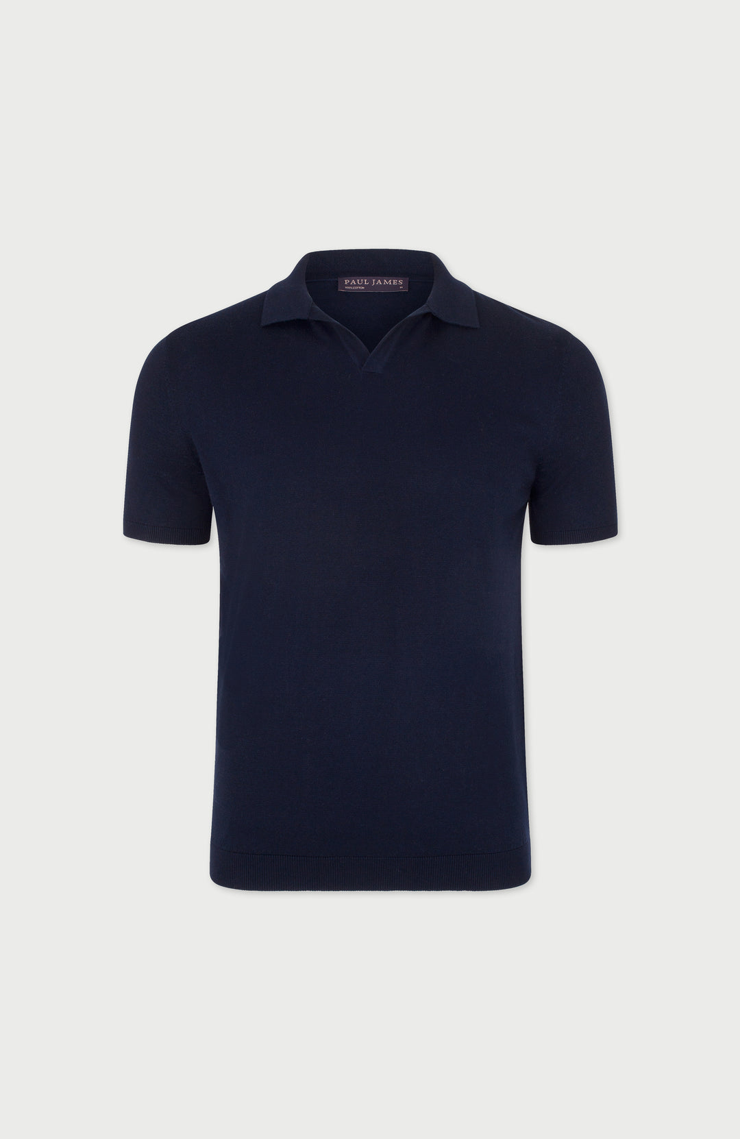 Navy men's short-sleeve polo shirt by Paul James Knitwear, buttonless