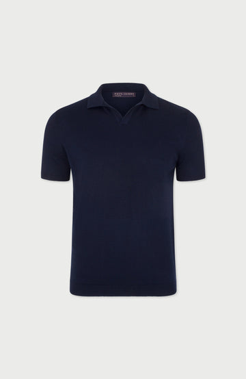 Navy men's short-sleeve polo shirt by Paul James Knitwear, buttonless
