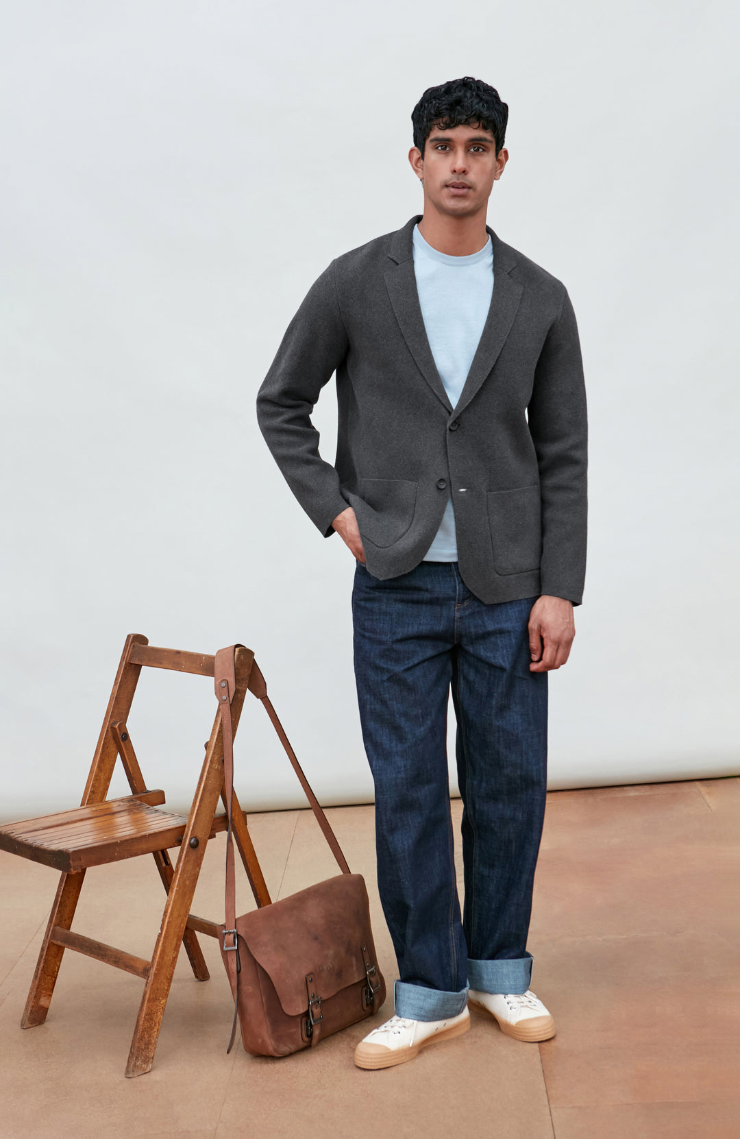 Grey Men's Cotton Knitted Deconstructed Blazer by Paul James Knitwear