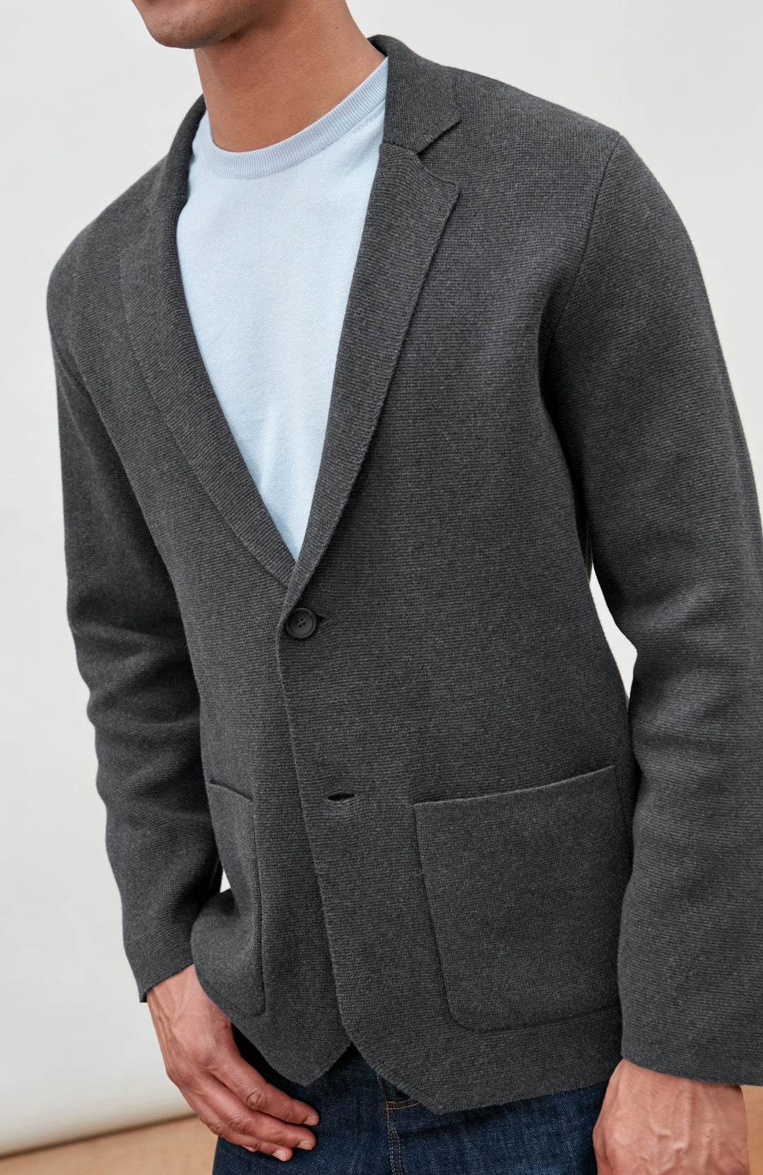 Grey Men's Cotton Knitted Deconstructed Blazer by Paul James Knitwear