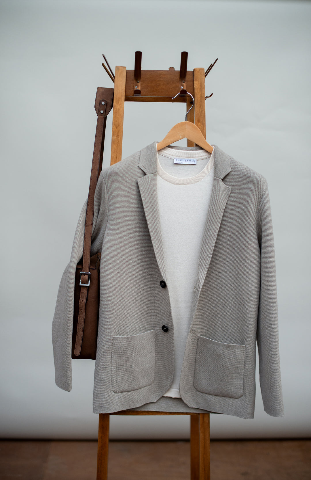 Beige men's knitted blazer by Paul James