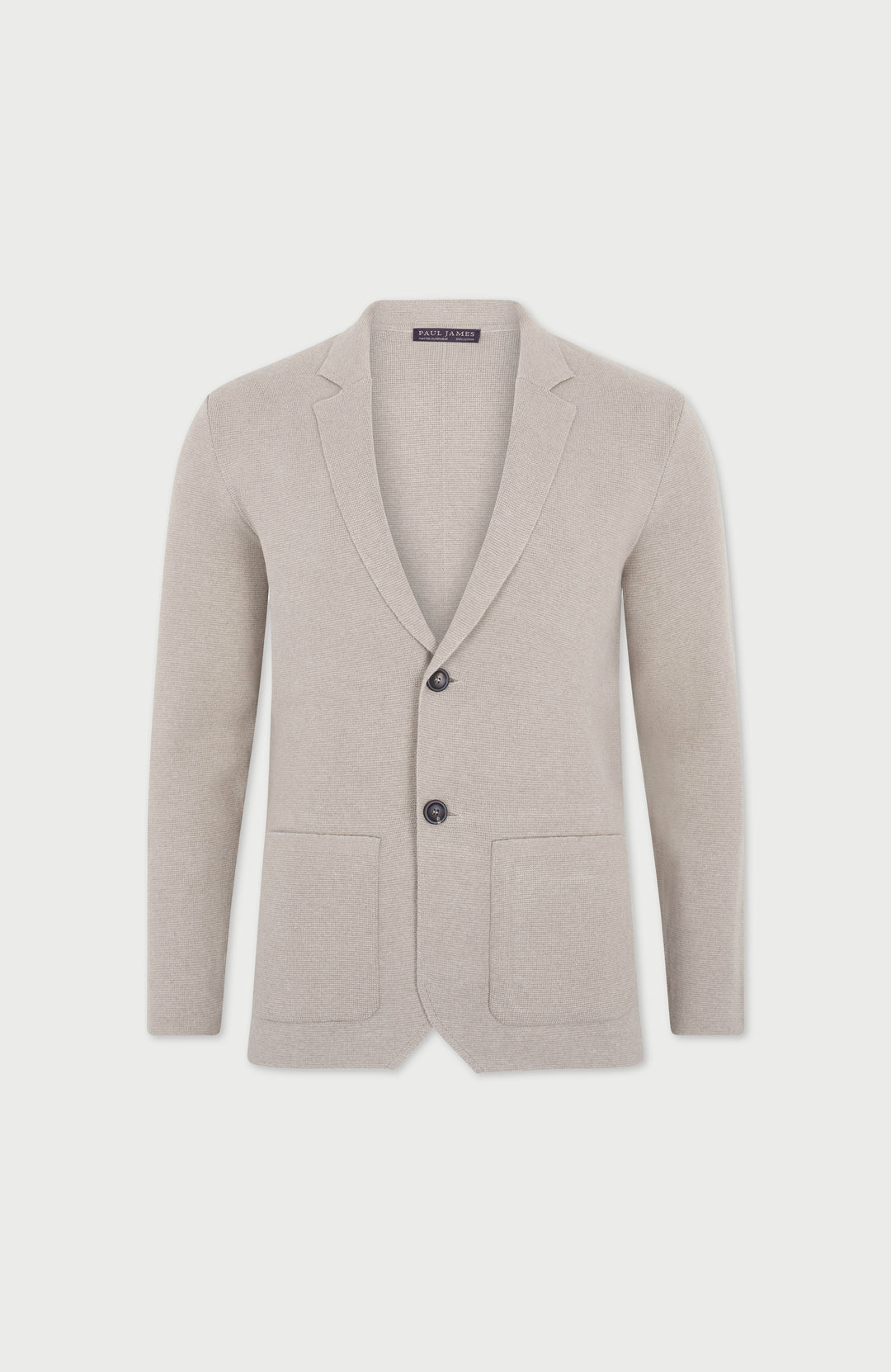 Men's beige unstructured cotton knitted blazer by Paul James Knitwear.