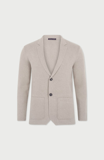 Men's beige unstructured cotton knitted blazer by Paul James Knitwear.
