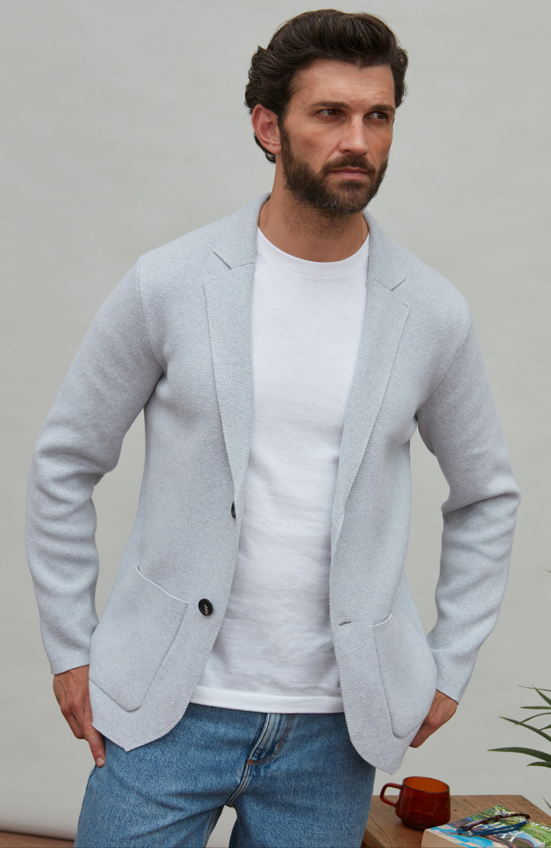 Men's light grey knitted unstructured blazer by Paul James Knitwear 