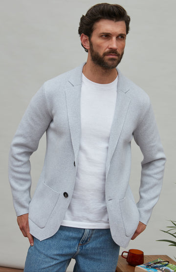 Men's light grey knitted unstructured blazer by Paul James Knitwear