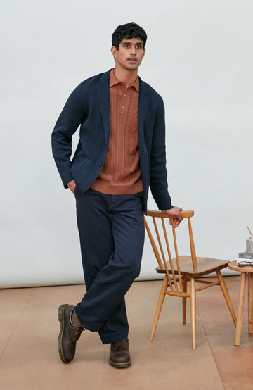 navy Men's Cotton Knitted Deconstructed Blazer by Paul James Knitwear