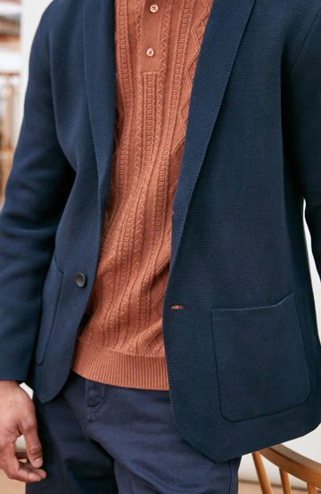 navy Men's Cotton Knitted Deconstructed Blazer by Paul James Knitwear