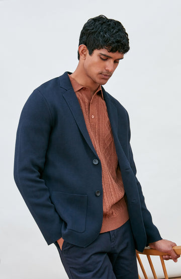 navy Men's Cotton Knitted Deconstructed Blazer by Paul James Knitwear