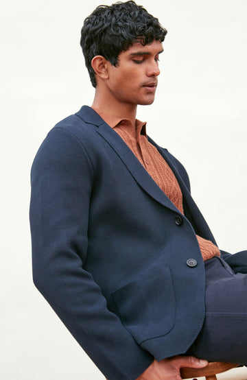 navy Men's Cotton Knitted Deconstructed Blazer by Paul James Knitwear