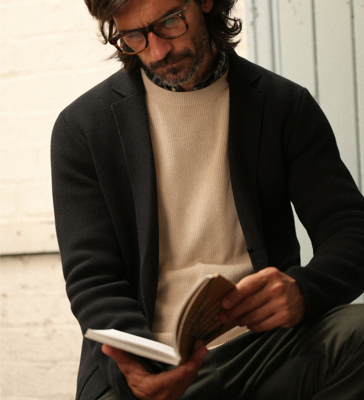Mens Midweight Cotton Deconstructed Knitted Blazer - Feature 1