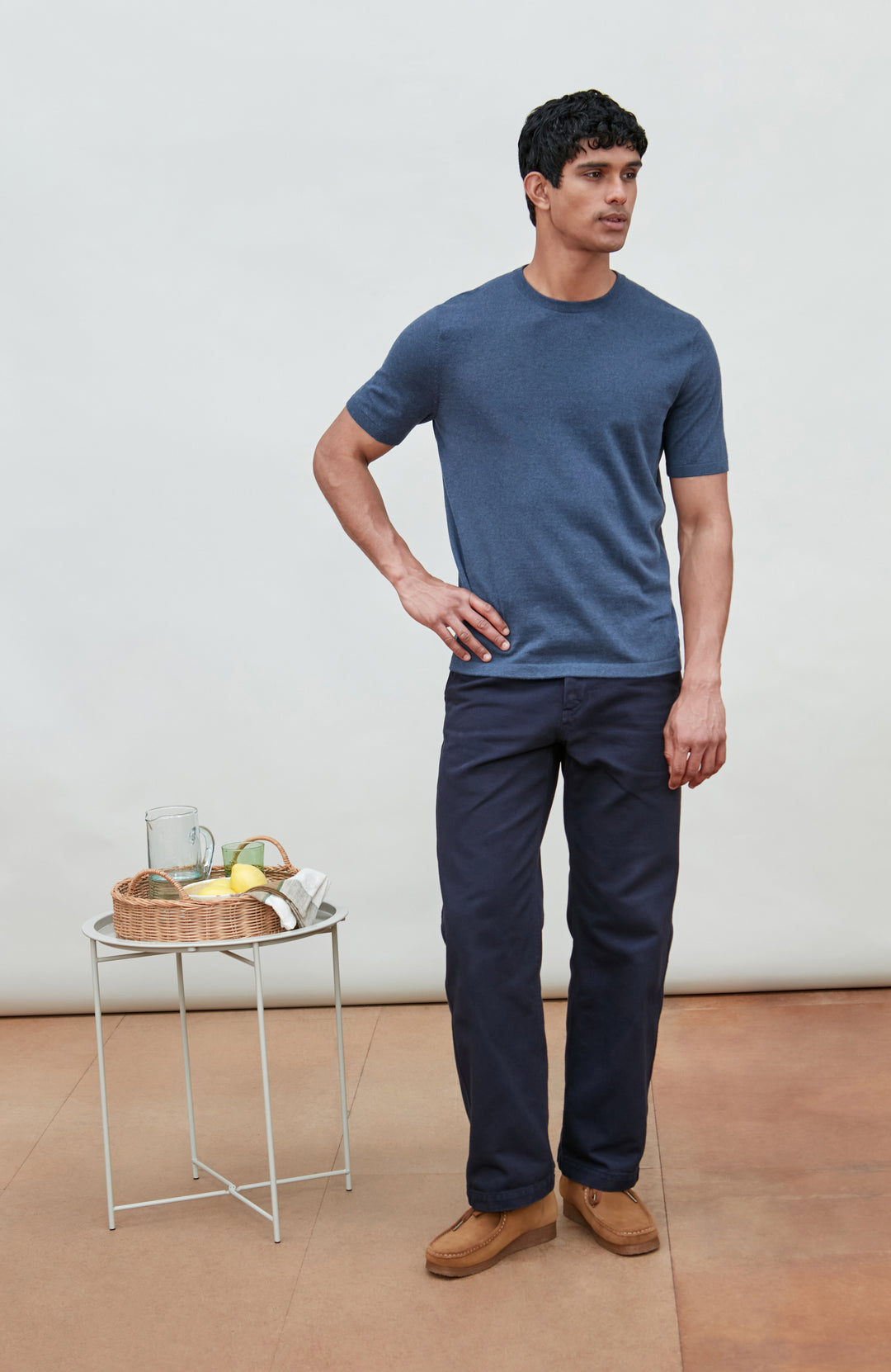 Blue men's cotton knitted T-shirt by Paul James Knitwear.