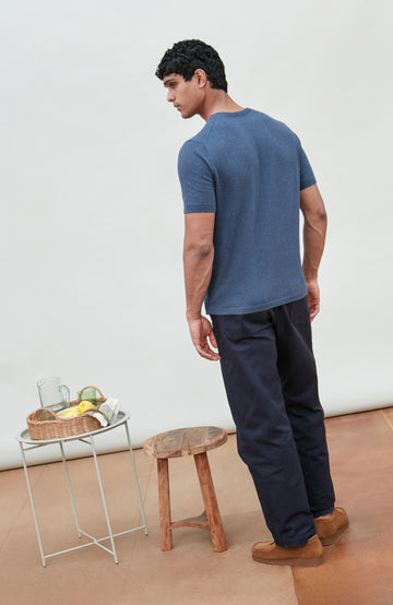Blue men's cotton knitted T-shirt by Paul James Knitwear.