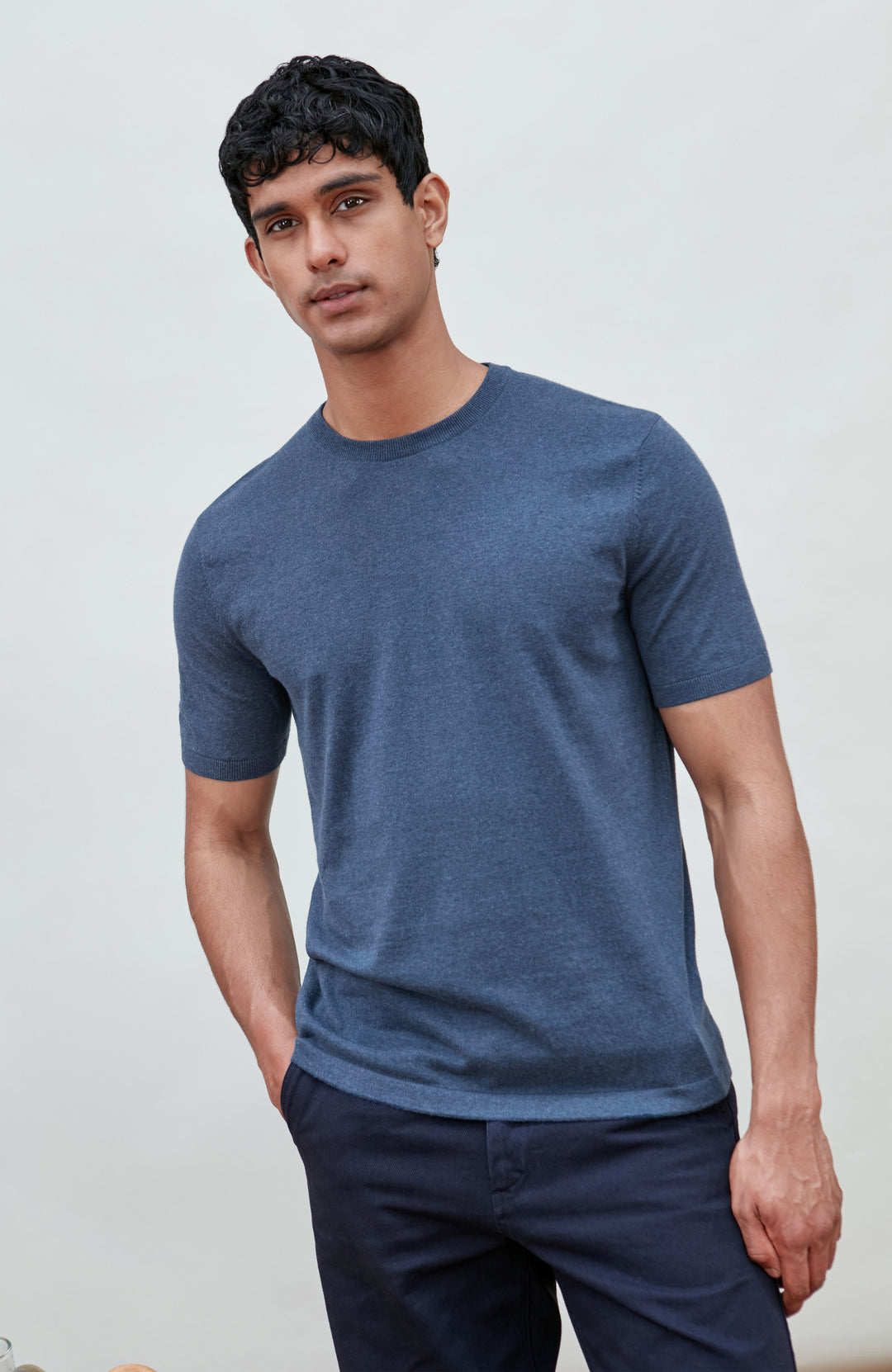 Blue men's cotton knitted T-shirt by Paul James Knitwear.