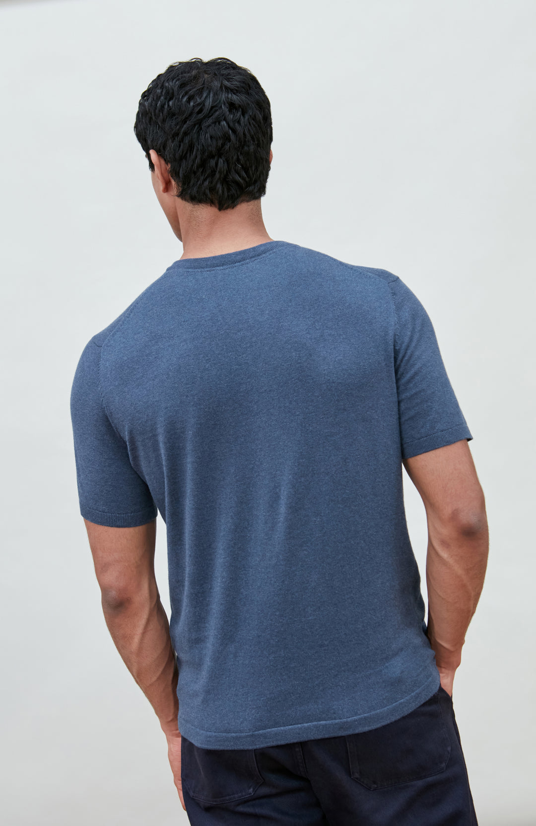 Blue men's cotton knitted T-shirt by Paul James Knitwear.