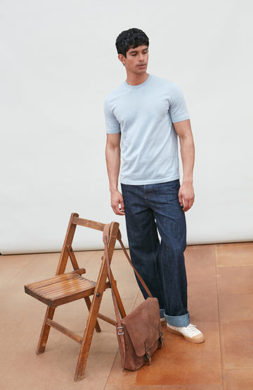 light blue men's cotton knitted T-shirt by Paul James Knitwear.