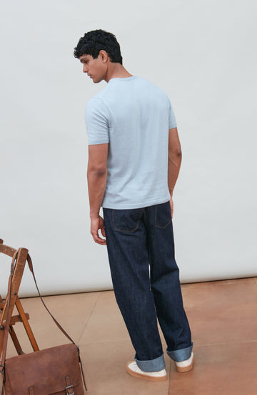 light blue men's cotton knitted T-shirt by Paul James Knitwear.