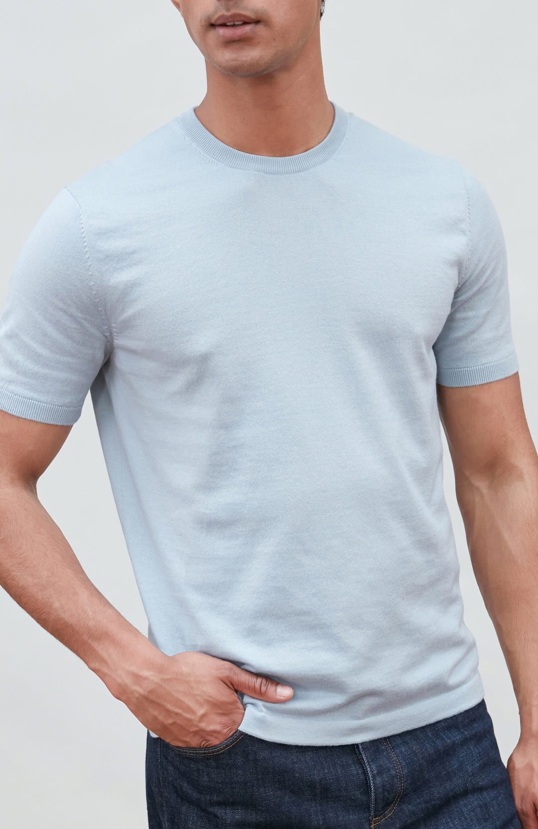 light blue men's cotton knitted T-shirt by Paul James Knitwear.