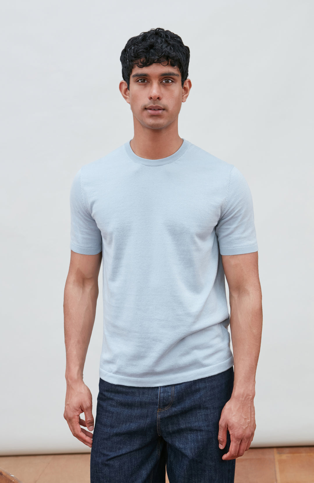 light blue men's cotton knitted T-shirt by Paul James Knitwear.