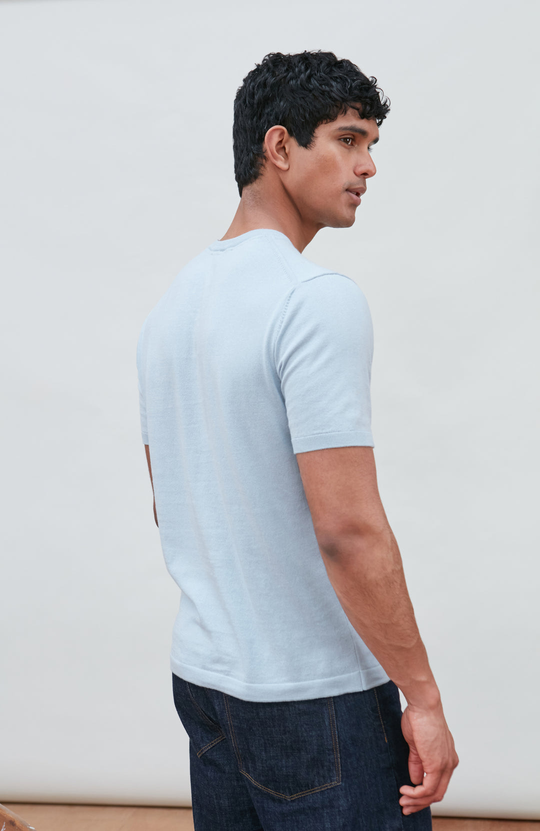 light blue men's cotton knitted T-shirt by Paul James Knitwear.