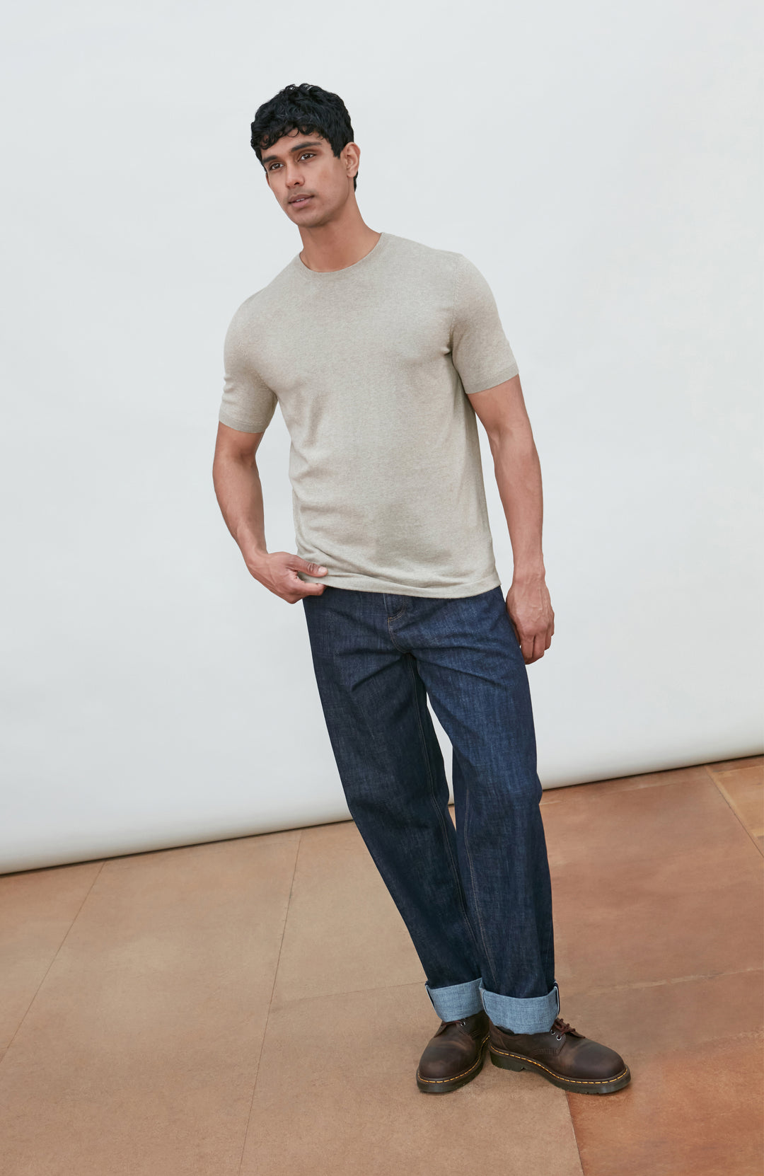 beige men's cotton knitted T-shirt by Paul James Knitwear.