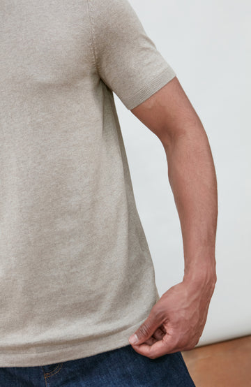 beige men's cotton knitted T-shirt by Paul James Knitwear.