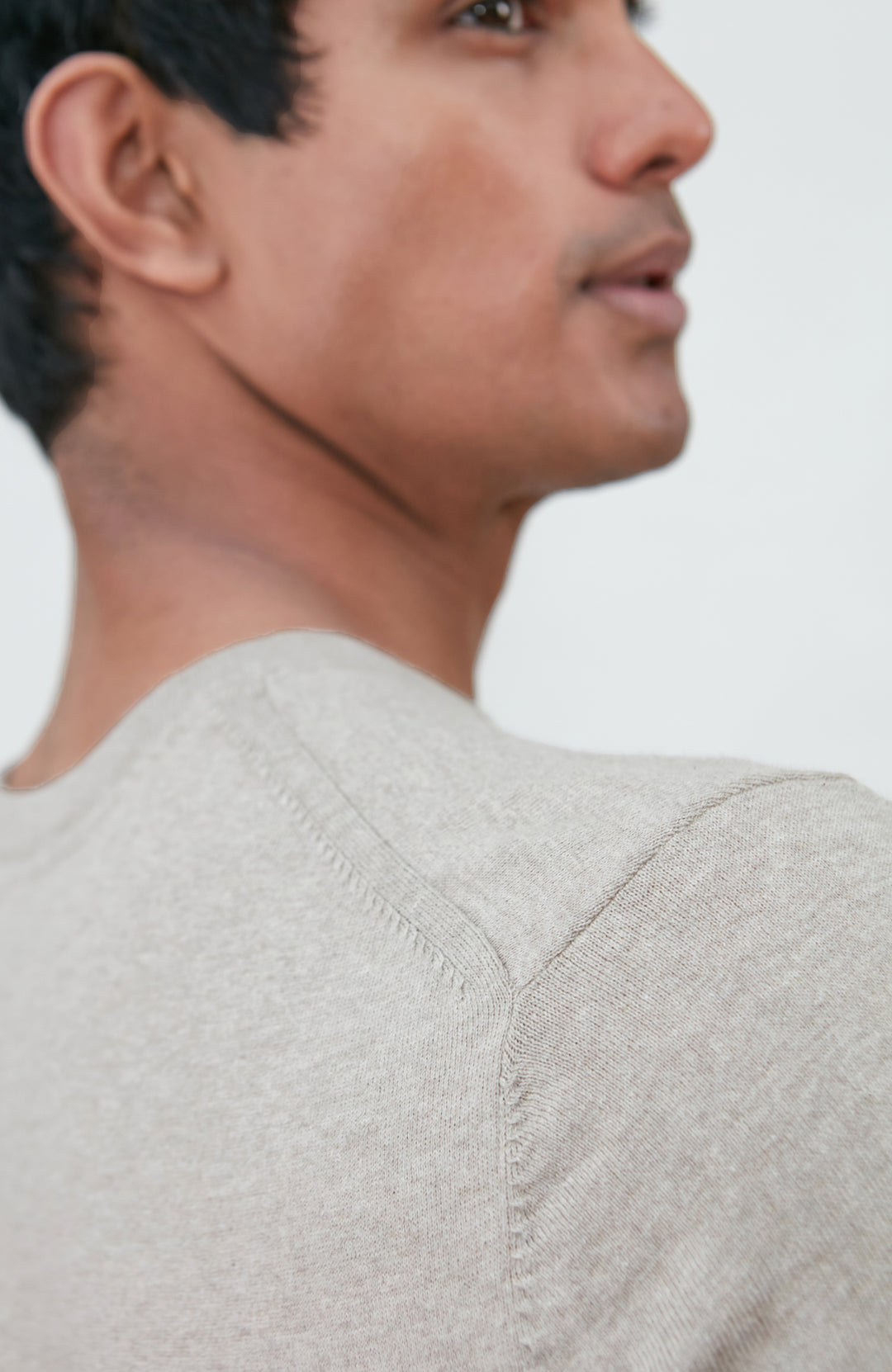 beige men's cotton knitted T-shirt by Paul James Knitwear.
