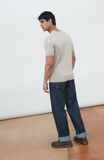 beige men's cotton knitted T-shirt by Paul James Knitwear.