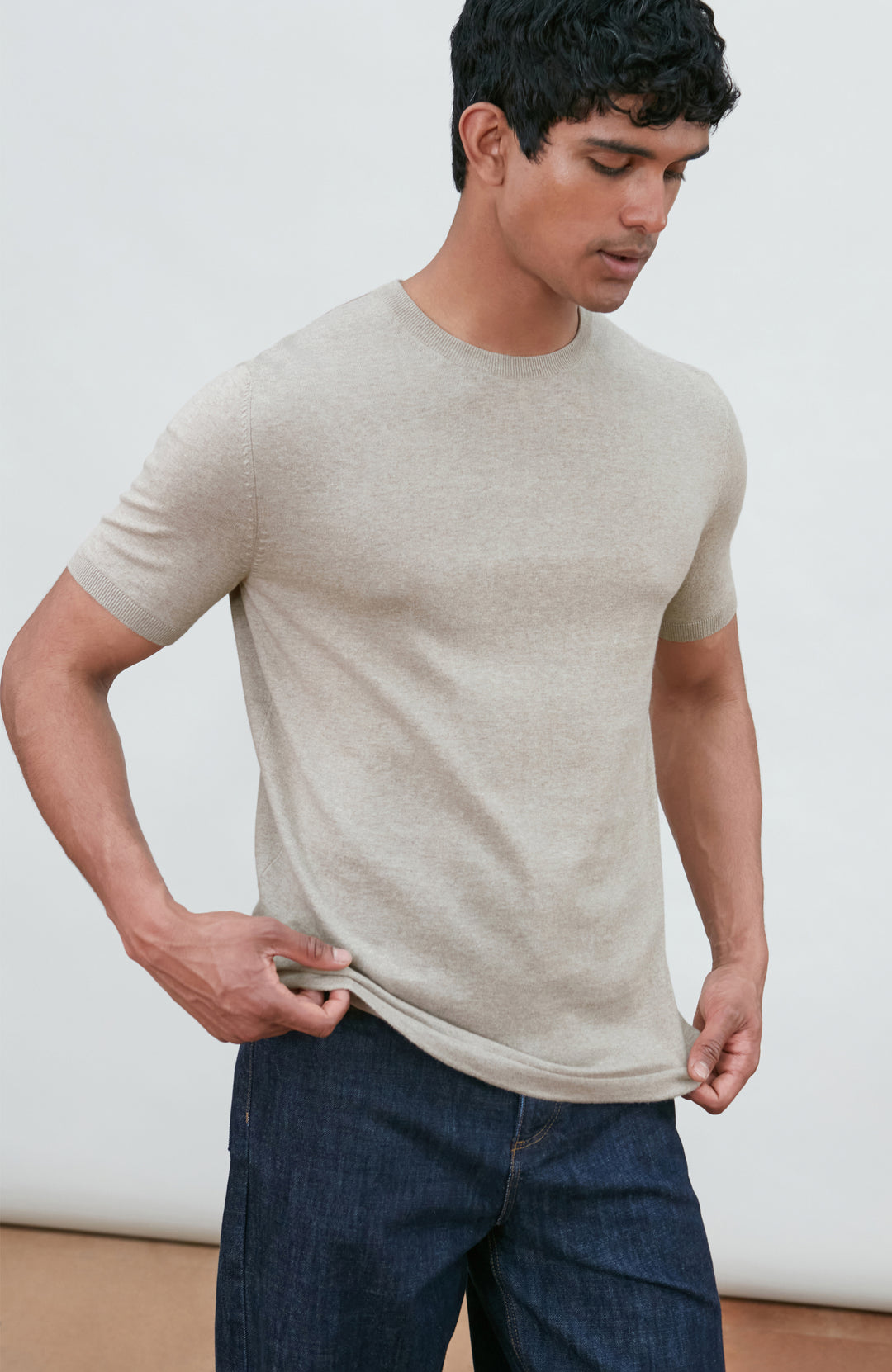 beige men's cotton knitted T-shirt by Paul James Knitwear.