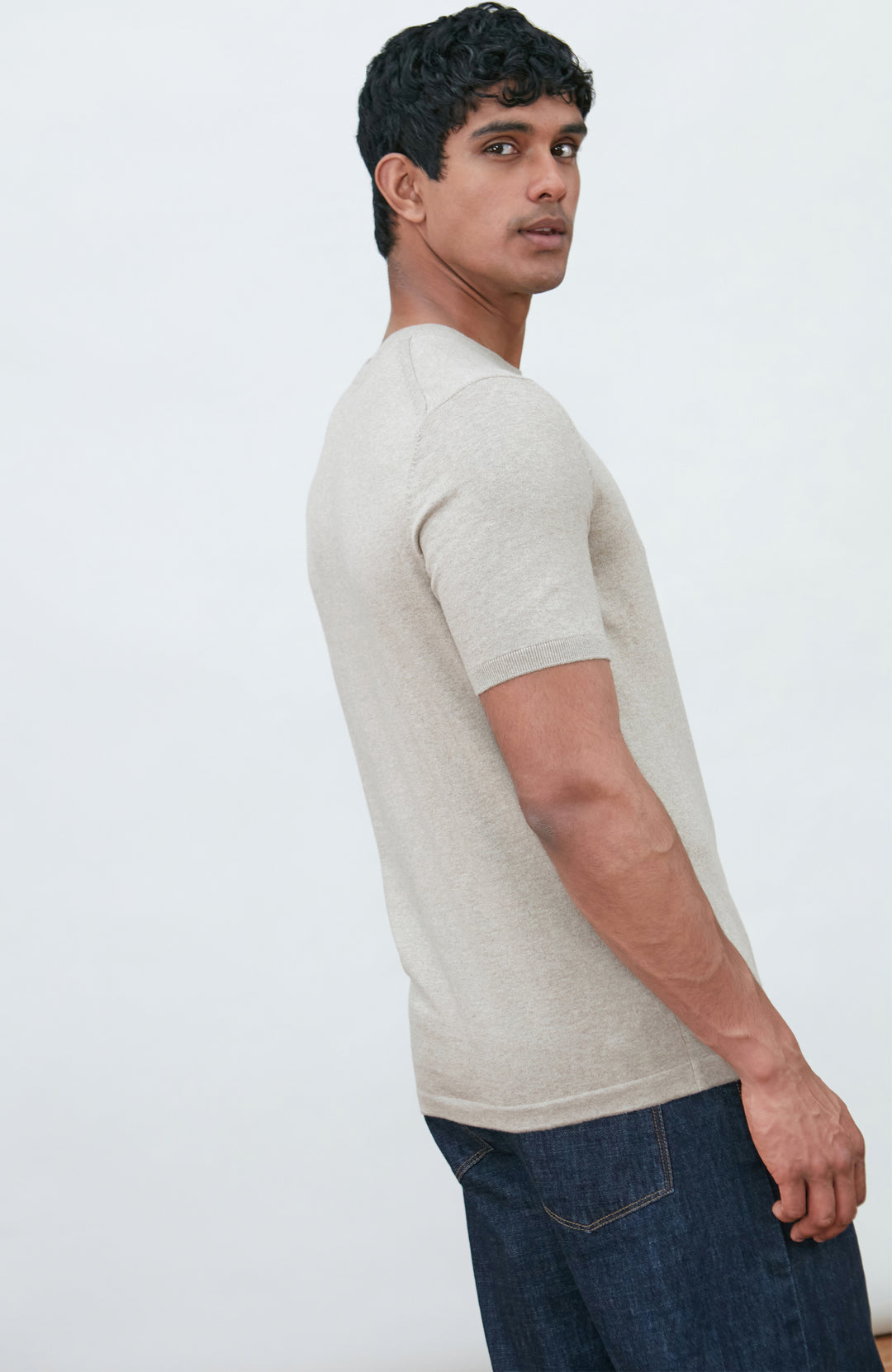 beige men's cotton knitted T-shirt by Paul James Knitwear.
