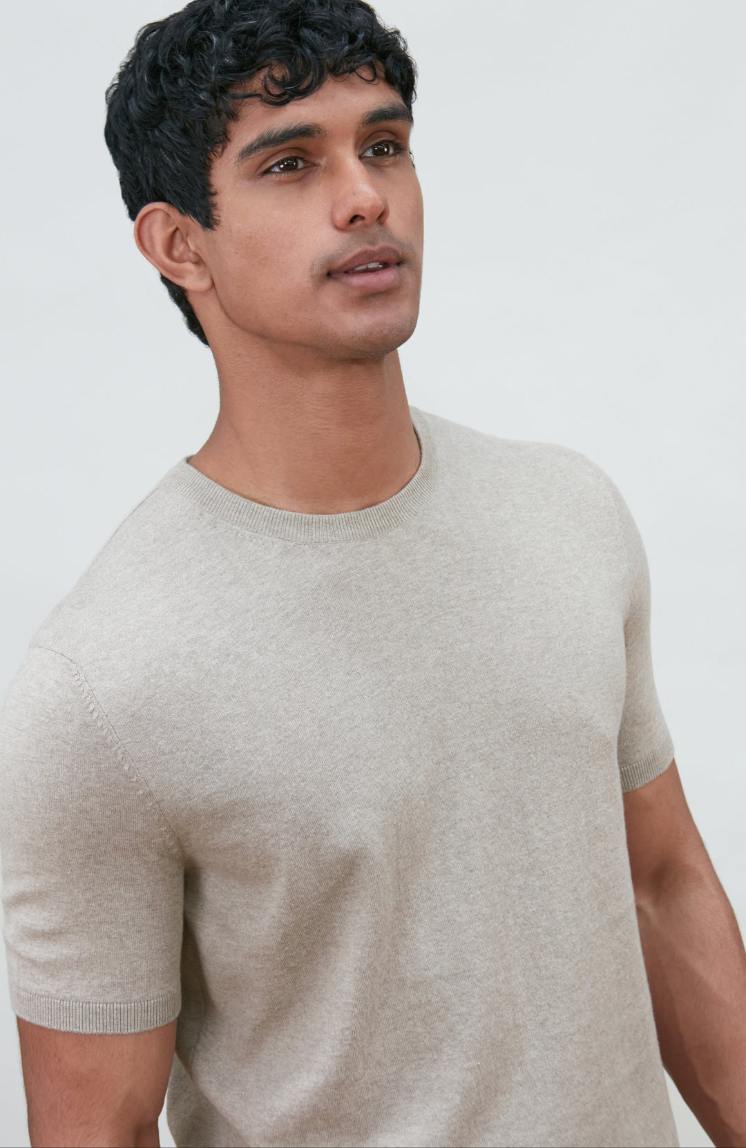 beige men's cotton knitted T-shirt by Paul James Knitwear.