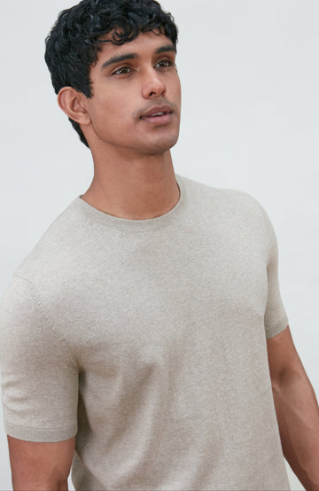 beige men's cotton knitted T-shirt by Paul James Knitwear.