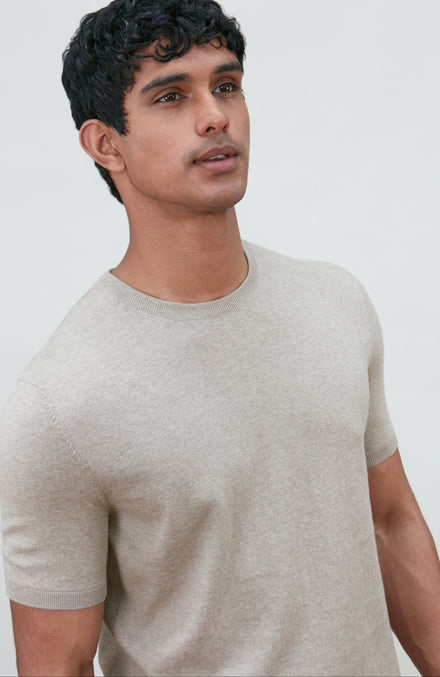 beige men's cotton knitted T-shirt by Paul James Knitwear. 