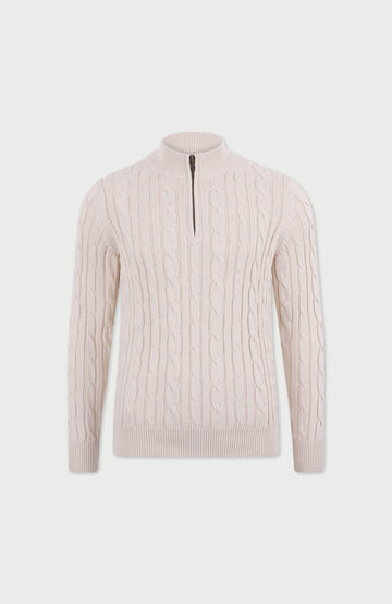Ecru Mens Cotton Zip Neck Jumper