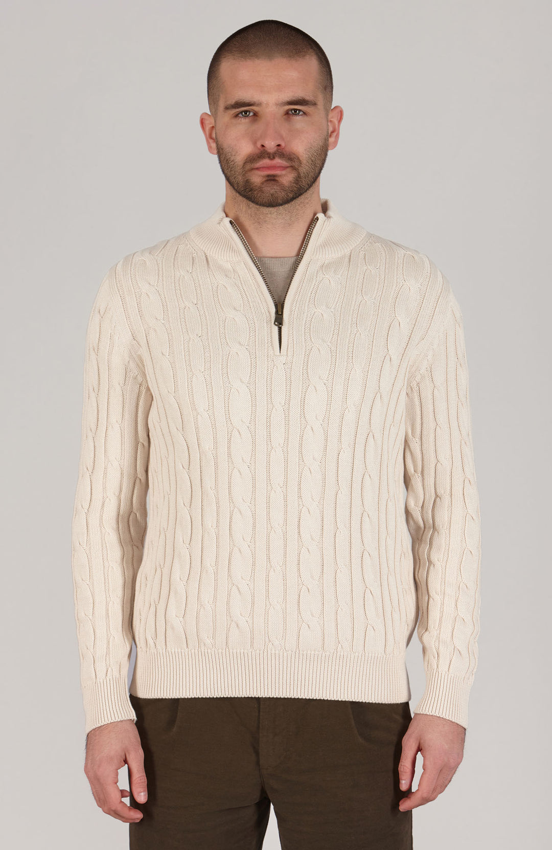 Ecru mens zip neck cable jumper by Paul James