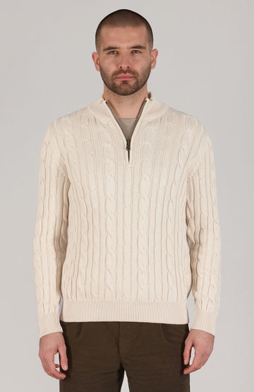 Ecru mens zip neck cable jumper by Paul James