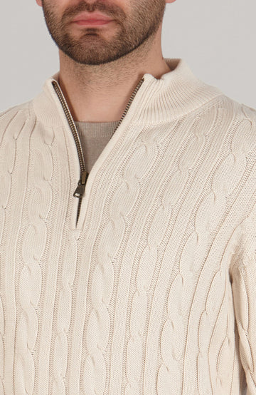 ecru mens zip neck cable jumper by Paul James