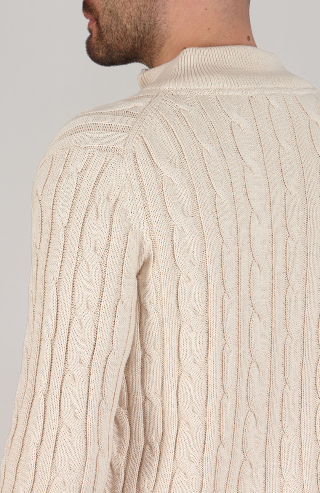 ecru mens zip neck cable jumper by Paul James
