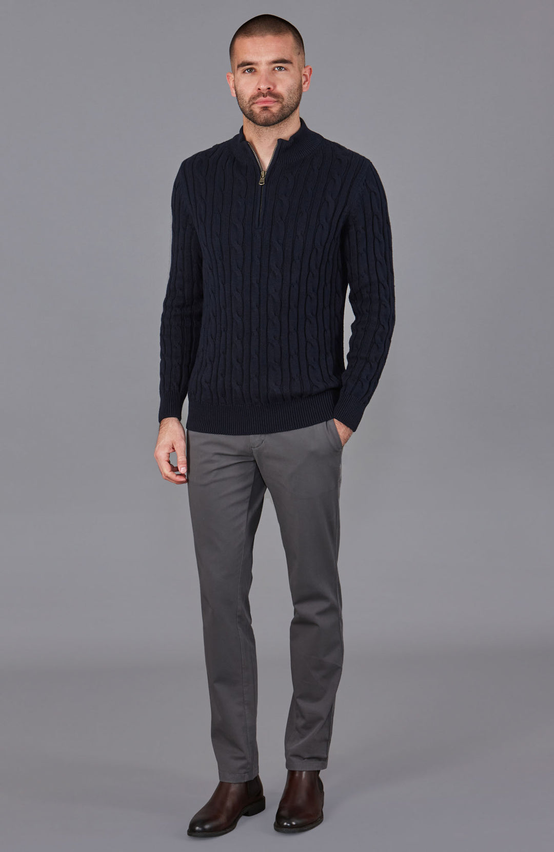 men navy cable zip neck jumper by Paul James