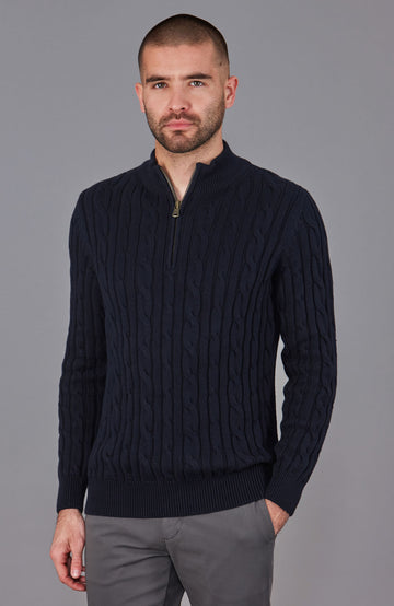 mens navy zip neck cotton cable jumper by Paul James