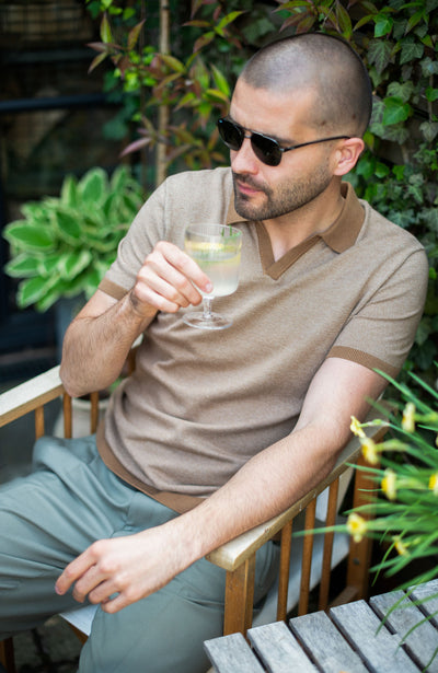 Men's camel buttonless polo shirt